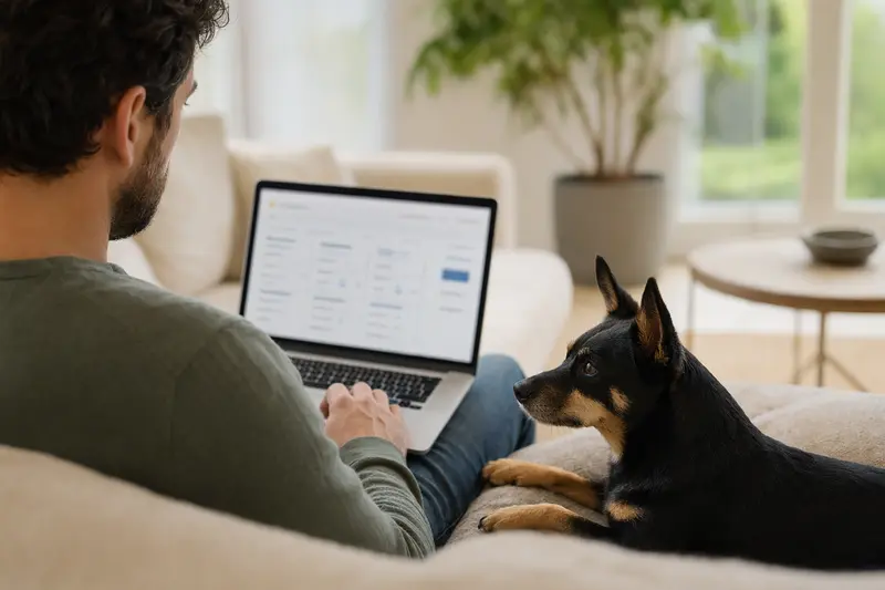 Ein Hundebesitzer sitzt mit einem Laptop auf dem Sofa, während ein Lancashire Heeler neben ihm liegt und eine Versicherungsvergleichsseite betrachtet wird.