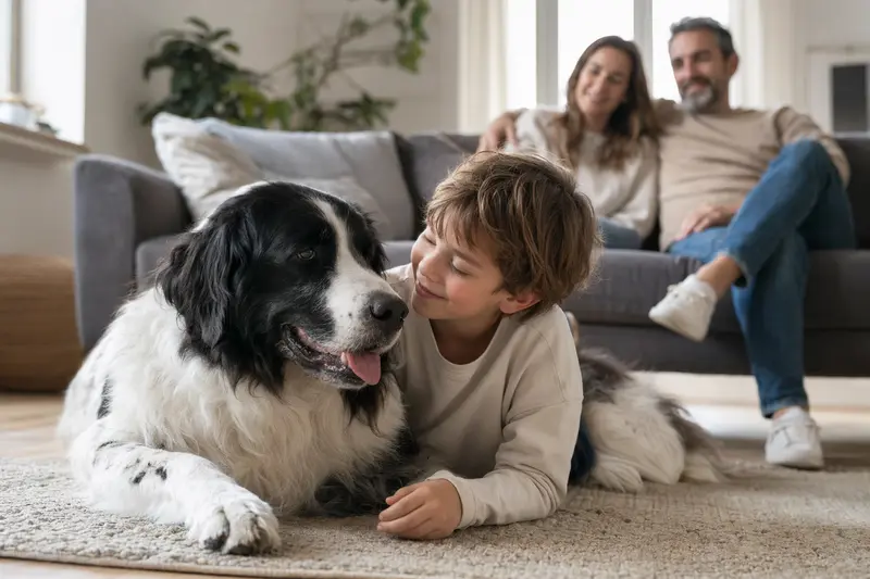 Ein freundlicher Landseer Hund liegt entspannt neben einem Kind im Wohnzimmer, während die Eltern im Hintergrund eine sichere Familienatmosphäre schaffen.
