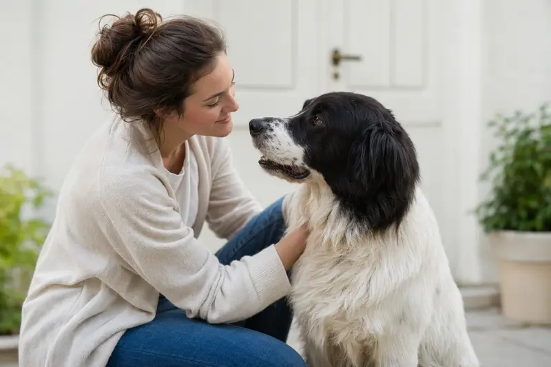 Ein aufmerksamer Landseer Hund steht in natürlicher Haltung vor hellem neutralem Hintergrund.