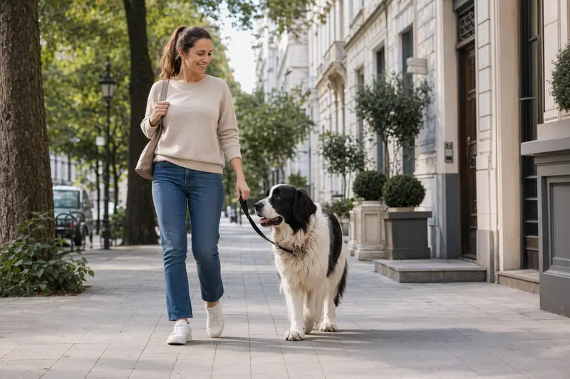 Ein Landseer Hund läuft an der Leine mit seinem Besitzer durch eine moderne Stadtstraße.