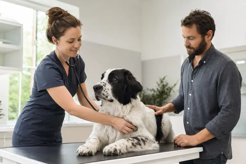 Ein ruhiger Landseer Hund wird von einer freundlichen Tierärztin in einer modernen Praxis mit einem Stethoskop untersucht.