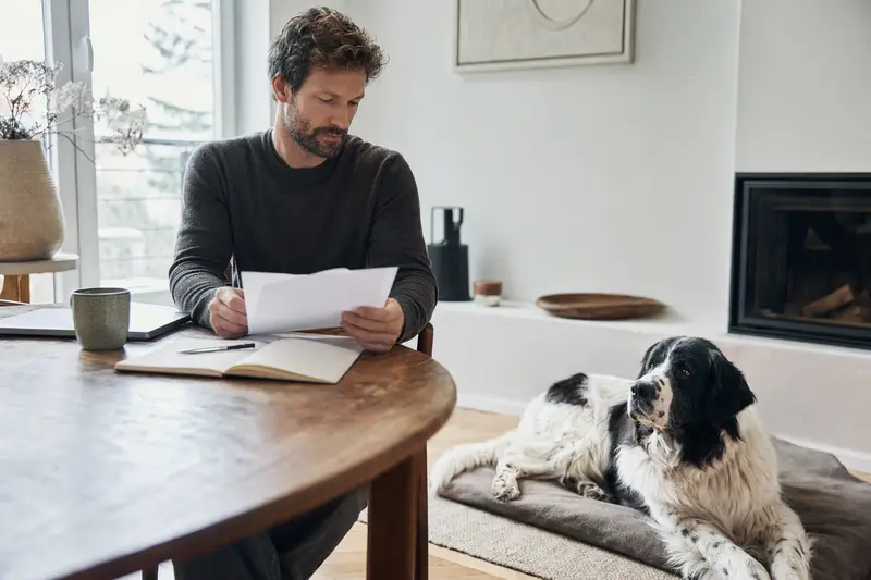 Ein Hundehalter sitzt mit einer Tierarztrechnung am Tisch, während ein entspannter Landseer auf einer Decke liegt und das Thema Tierarztkosten und Hundekrankenversicherung ruhig veranschaulicht.