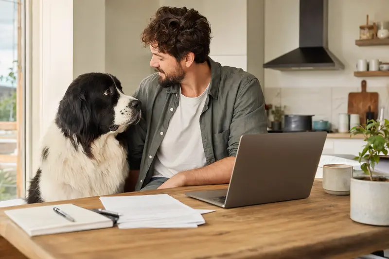 Landseer Hund sitzt ruhig neben seinem Besitzer am Küchentisch mit Versicherungsunterlagen und einem Laptop.