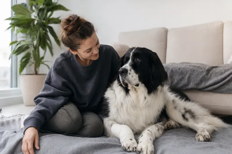Ein Landseer Hund mit leichter Pfotenverletzung liegt entspannt auf einer Decke, während sein Besitzer in einer hellen Wohnung neben ihm sitzt.