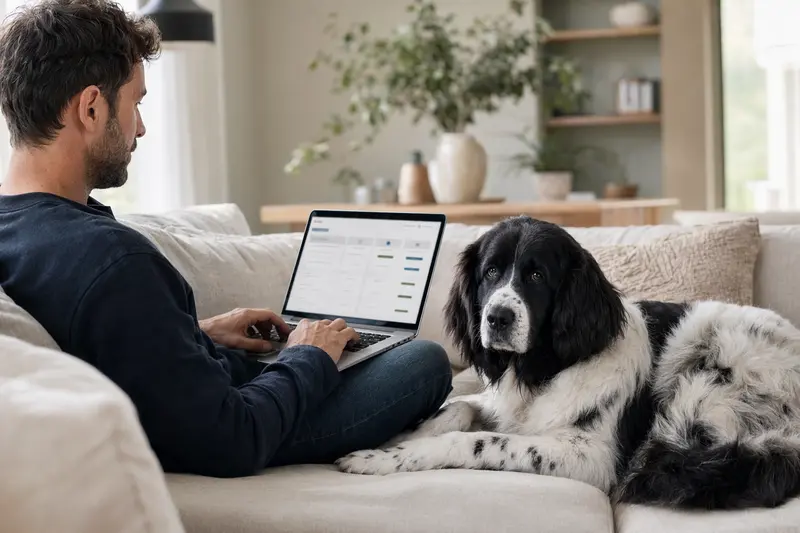 Ein Besitzer sitzt entspannt mit Laptop auf dem Sofa, während ein Landseer Hund neben ihm liegt und eine neutrale Versicherungsvergleichs-Oberfläche auf dem Bildschirm zu sehen ist.
