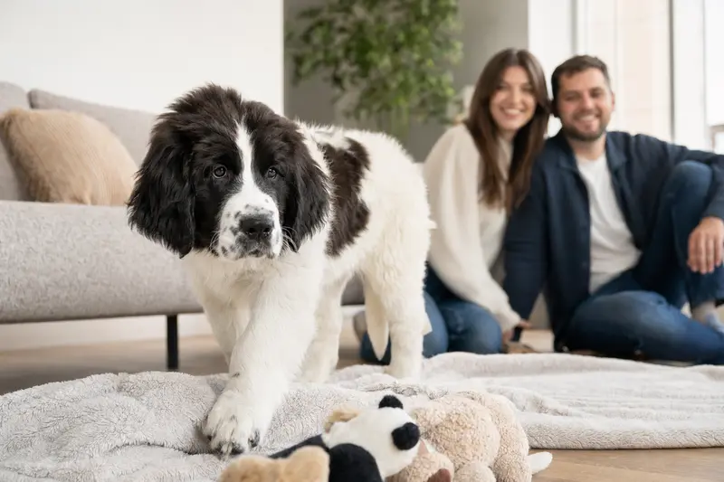 Ein neugieriger Landseer Welpe erkundet seine Umgebung mit Spielzeug und einer weichen Decke.