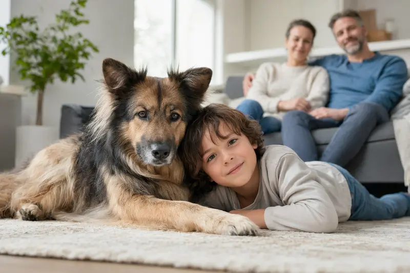 Ein freundlicher Langhaar Schäferhund liegt entspannt neben einem Kind im Wohnzimmer, während die Eltern im Hintergrund eine sichere Familienatmosphäre schaffen.