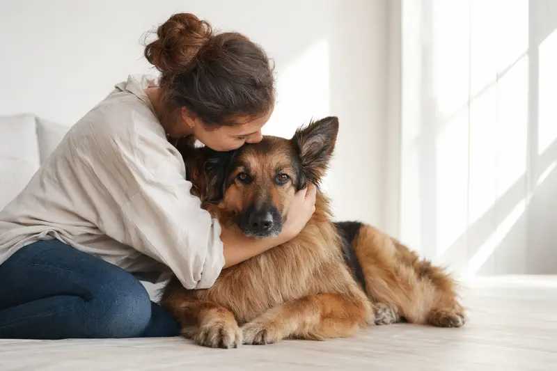 Ein aufmerksamer Langhaar Schäferhund steht in natürlicher Haltung vor hellem neutralem Hintergrund.