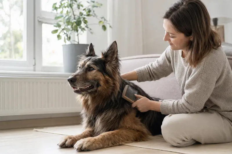 Ein Langhaar Schäferhund wird zuhause liebevoll gebürstet, während der Besitzer sich um die Fellpflege und Gesundheit des Hundes kümmert.