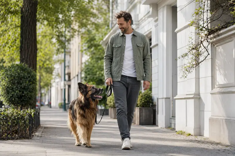 Ein Langhaar Schäferhund läuft an der Leine mit seinem Besitzer durch eine freundliche moderne Stadtstraße.
