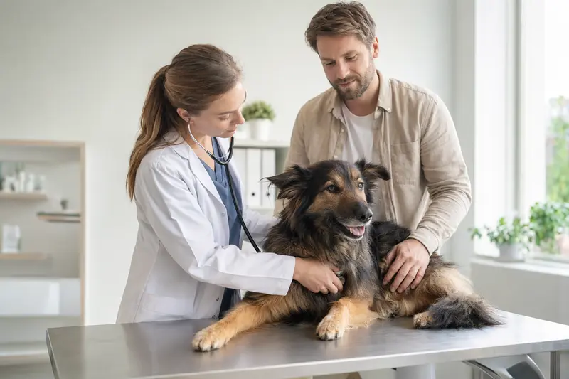 Langhaar Schäferhund auf dem Untersuchungstisch mit freundlicher Tierärztin beim Gesundheitscheck.