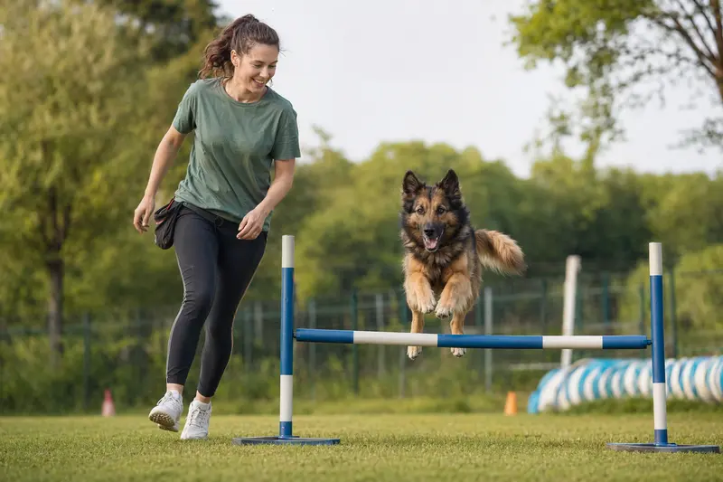 Ein Langhaar-Schäferhund springt konzentriert über eine kleine Trainingshürde, während sein Besitzer ihn auf dem Hundeplatz begleitet.