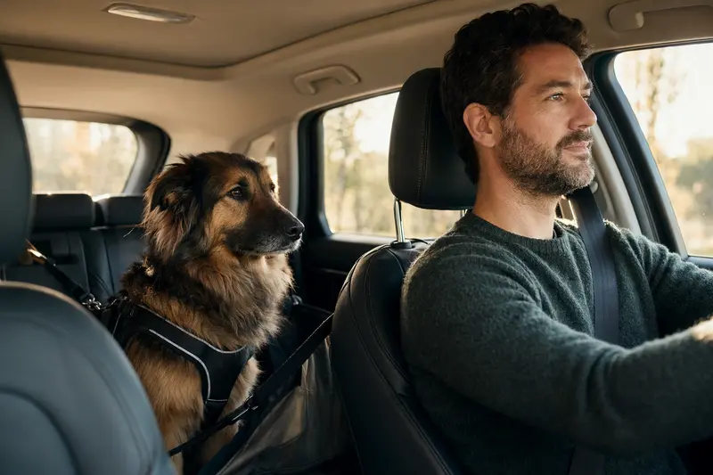 Ein Langhaar Schäferhund sitzt sicher angeschnallt auf der Rückbank eines Autos, während der Besitzer ruhig fährt und Sonnenlicht durch das Fenster strömt.