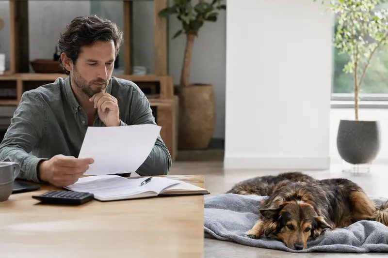 Ein Besitzer sitzt mit einer Tierarztrechnung am Tisch, während ein entspannter Langhaar-Schäferhund auf einer Decke liegt.