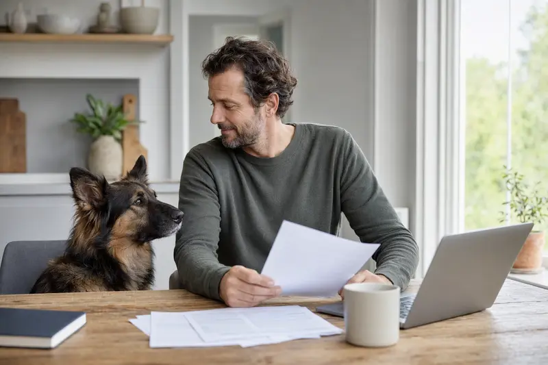 Ein Langhaar Schäferhund sitzt friedlich neben seinem Besitzer am Küchentisch mit Versicherungsunterlagen und einem Laptop.