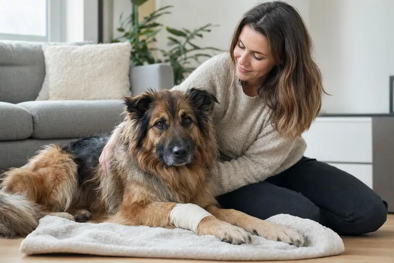 Ein entspannter Langhaar Schäferhund mit Verband an der Pfote liegt neben seinem erleichterten Besitzer auf einer Decke in einer hellen Wohnung.