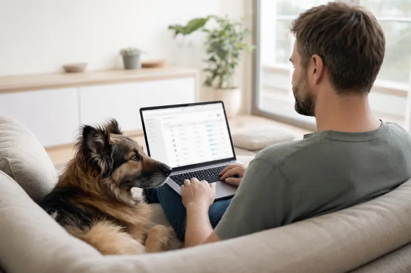 Ein Hundebesitzer sitzt mit einem Laptop auf dem Sofa, während ein Langhaar Schäferhund neben ihm liegt.