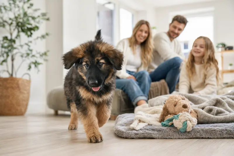 Ein neugieriger Langhaar Schäferhund Welpe erkundet sein neues Zuhause mit einer liebevollen Familie im Hintergrund.