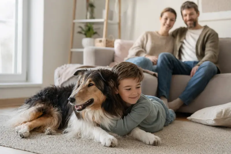Ein entspannter Langhaarcollie liegt im Wohnzimmer neben einem Kind in einer sicheren Familienatmosphäre, während die Eltern im Hintergrund zu sehen sind.