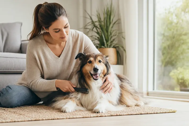 Ein Langhaarcollie wird in einer hellen Wohnung von seinem Besitzer sanft gebürstet, als Ausdruck liebevoller Fellpflege und verantwortungsvoller Hundegesundheit.