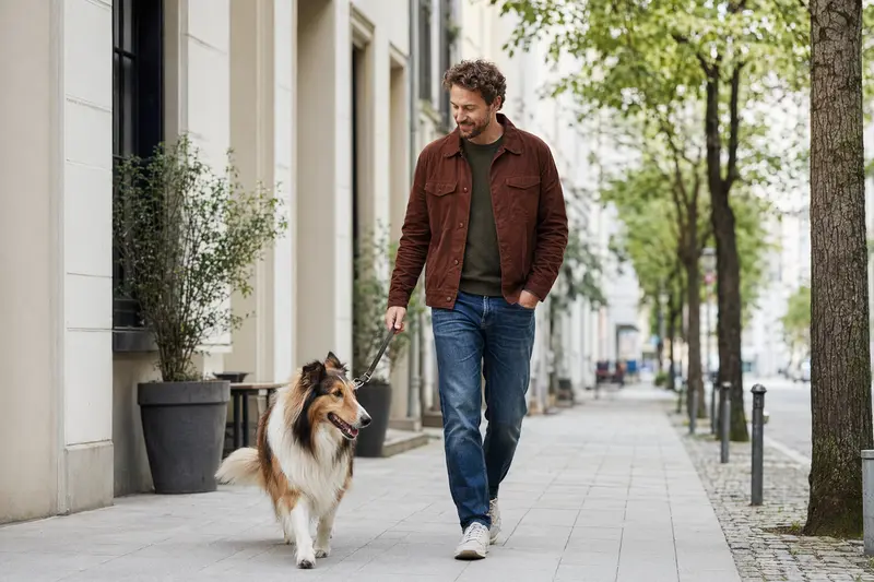 Ein Langhaarcollie läuft an der Leine mit seinem Besitzer durch eine freundliche moderne Stadtstraße.