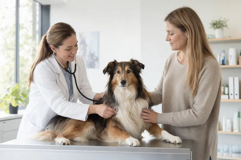 Ein Langhaarcollie auf einem Untersuchungstisch in einer Tierarztpraxis, während die Tierärztin ihn freundlich mit einem Stethoskop untersucht.