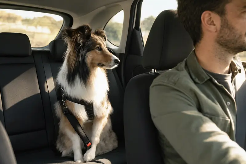 Ein Langhaarcollie sitzt sicher angeschnallt auf der Rückbank eines Autos, während der Besitzer ruhig fährt.
