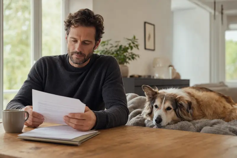 Ein Hundehalter sitzt mit einer Tierarztrechnung am Tisch, während ein entspannter Langhaarcollie auf einer Decke liegt und die Hundekrankenversicherungssituation ruhig wirkt.