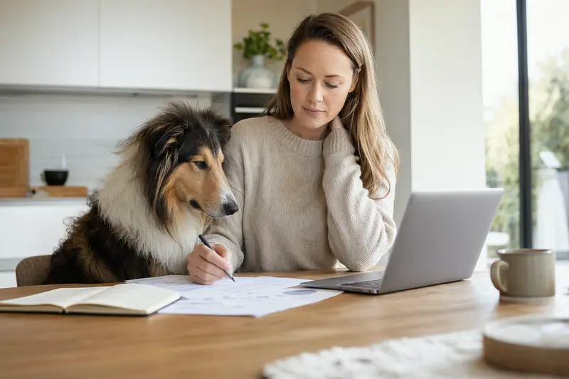 Ein Langhaarcollie sitzt entspannt neben seinem Besitzer am Tisch, auf dem Versicherungsunterlagen und ein Laptop liegen.