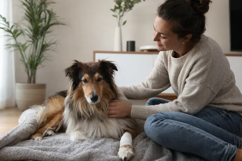 Ein Langhaarcollie mit einem leichten Verband an der Pfote liegt entspannt auf einer Decke, während sein erleichterter Besitzer ihm nahe ist.