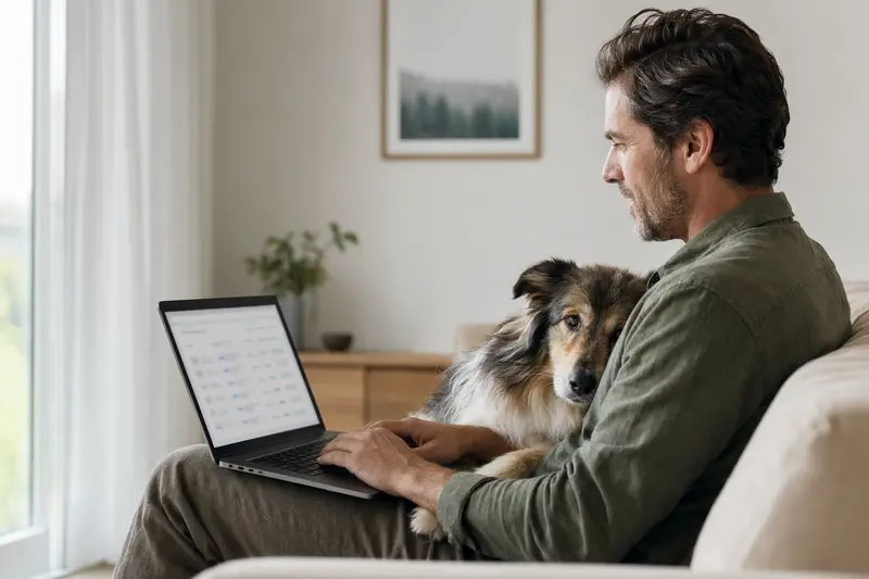 Ein Hundebesitzer sitzt entspannt auf dem Sofa mit einem Langhaarcollie und vergleicht Tierkrankenversicherungen auf seinem Laptop.