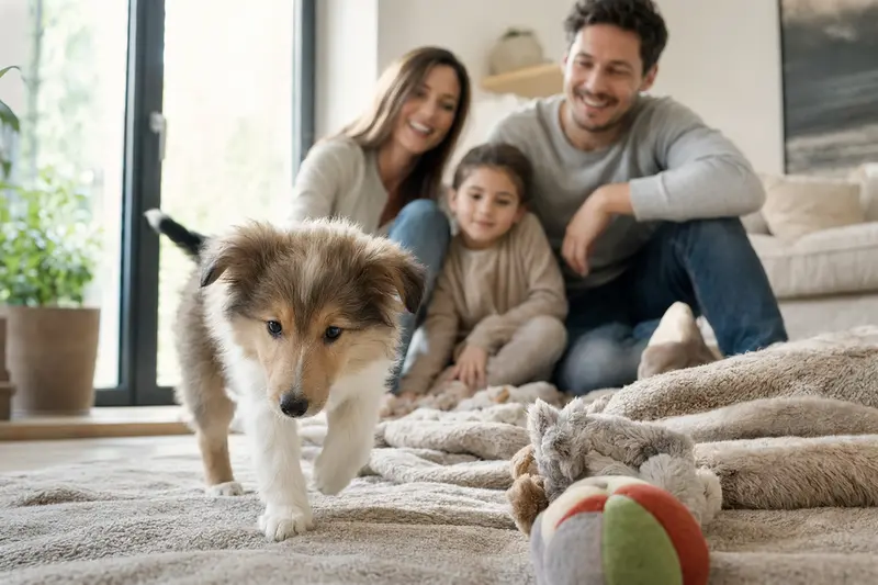 Ein neugieriger Langhaarcollie Welpe entdeckt sein neues Zuhause mit einem Spielzeug auf einer weichen Decke.