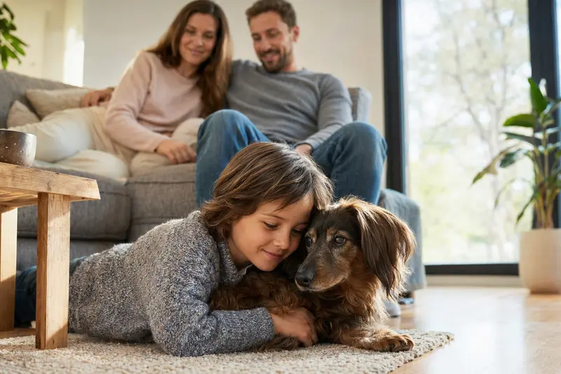 Ein freundlicher Langhaardackel liegt entspannt neben einem Kind im Wohnzimmer, während die Eltern im Hintergrund eine warme Familienatmosphäre schaffen.