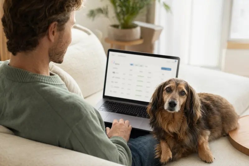 Besitzer mit Laptop und Langhaardackel auf dem Sofa in einer ruhigen Wohnung, der Bildschirm zeigt einen Versicherungsvergleich.