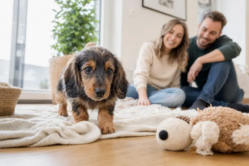 Ein neugieriger Langhaardackel Welpe erkundet sein neues Zuhause mit Spielzeug und einer aufmerksamen Familie im Hintergrund.