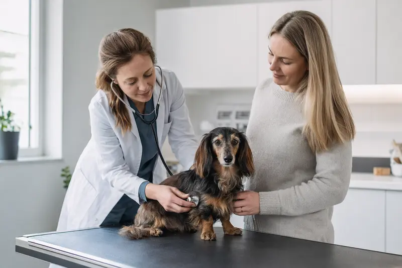 Ein ruhiger Langhaarteckel Hund wird von einer freundlichen Tierärztin in einer modernen Praxis mit einem Stethoskop untersucht.