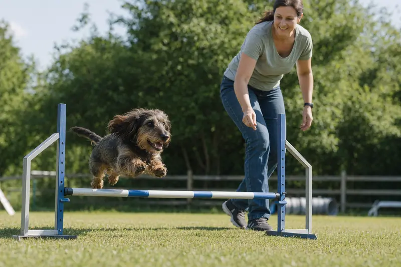 Ein aktiver Langhaarteckel springt mit seinem Besitzer über eine kleine Trainingshürde auf dem Hundeplatz.