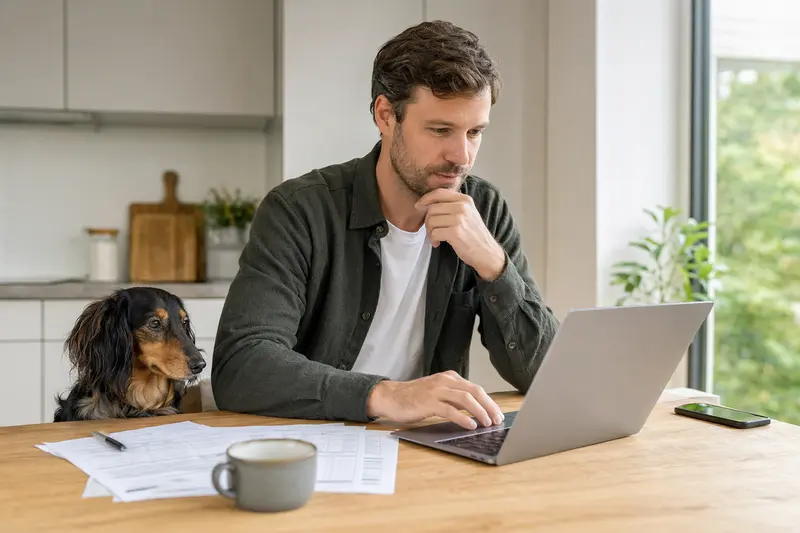 Ein ruhiger Langhaarteckel Hund sitzt neben seinem Besitzer am Küchentisch, während Versicherungsunterlagen und ein Laptop mit Vergleichsseite auf dem Tisch liegen.