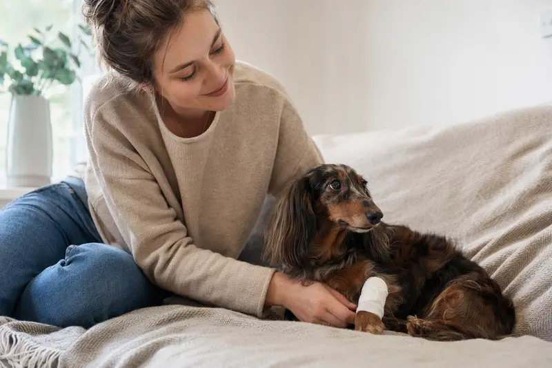 Ein Langhaarteckel mit leichtem Verband an der Pfote liegt entspannt auf einer Decke, während sein Besitzer erleichtert daneben sitzt.