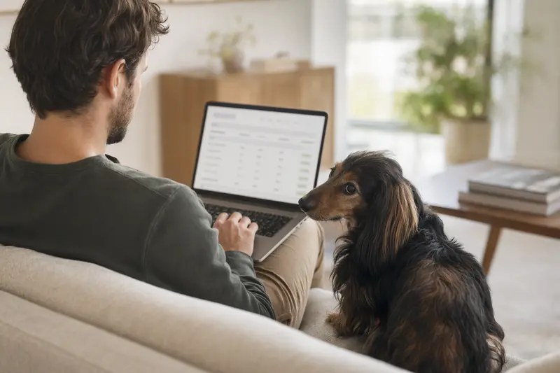 Ein Besitzer mit einem Langhaarteckel sitzt auf dem Sofa und vergleicht Tierversicherungen auf dem Laptop.