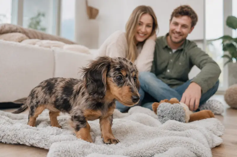 Ein neugieriger Langhaarteckel Welpe entdeckt sein neues Zuhause mit Spielzeug und einer liebevollen Familie im Hintergrund.