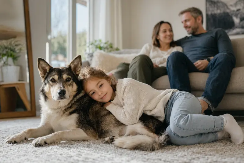 Ein freundlicher Lapinporokoira Hund liegt entspannt neben einem Kind im hellen Wohnzimmer, während die Eltern im Hintergrund zu sehen sind.