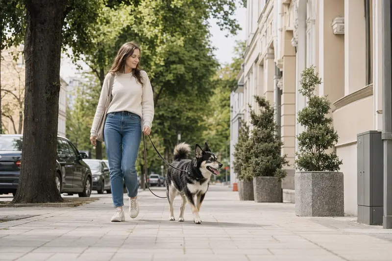 Ein Lapinporokoira läuft an der Leine mit seinem Besitzer durch eine freundliche moderne Stadtstraße.