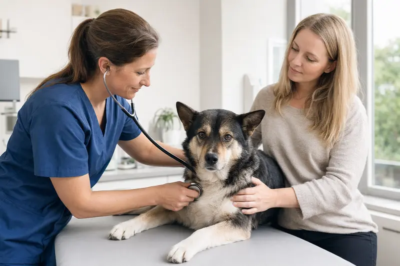Ein ruhiger Lapinporokoira Hund wird behutsam von einer freundlichen Tierärztin auf einem modernen Untersuchungstisch untersucht.