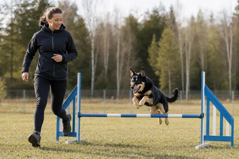 Ein aktiver Lapinporokoira springt mit seinem Besitzer über eine kleine Trainingshürde auf dem Hundeplatz bei sonnigem Wetter.