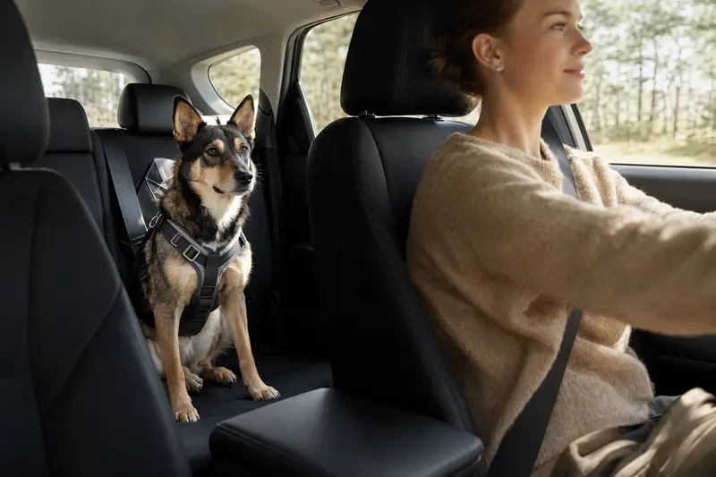Ein Lapinporokoira Hund sicher angeschnallt auf der Rückbank eines Autos, während sein Besitzer ruhig fährt.