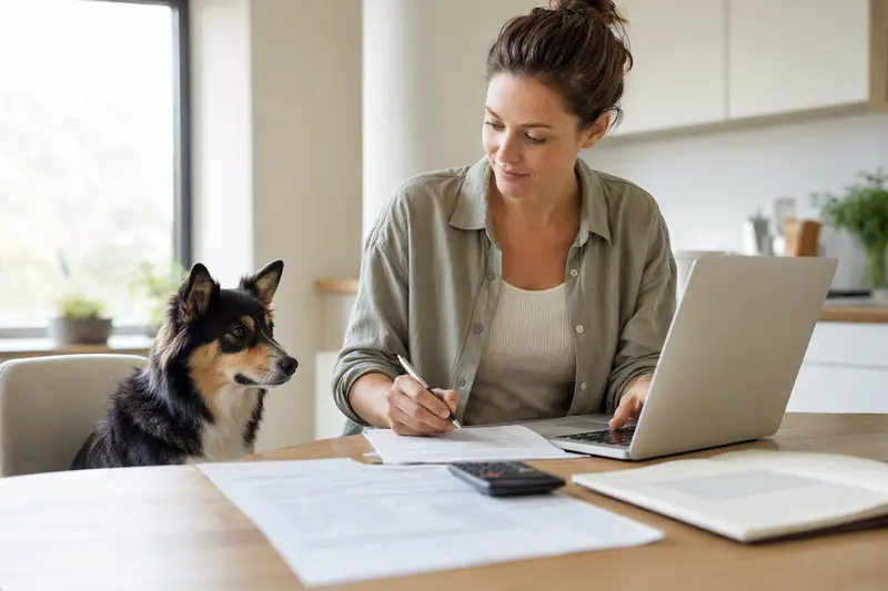 Ein Lapinporokoira Hund sitzt ruhig neben seinem Besitzer am Küchentisch, auf dem Versicherungsunterlagen und ein Laptop liegen.