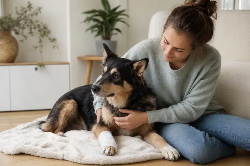 Ein Lapinporokoira Hund mit leichtem Verband auf einer Decke, neben seinem erleichterten Besitzer in einer hellen Wohnung.