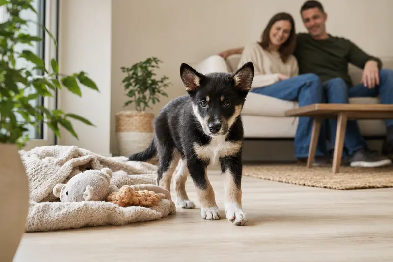 Ein neugieriger Lapinporokoira Welpe erkundet sein neues Zuhause auf einer weichen Decke, während eine liebevolle Familie im Hintergrund zu sehen ist.