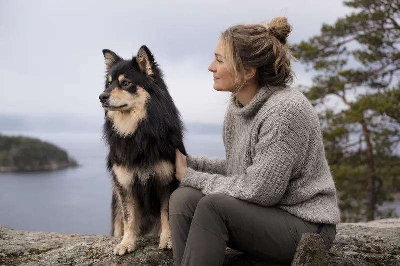 Ein aufmerksamer Lappländer Rentierhund steht in natürlicher Haltung vor hellem neutralem Hintergrund.